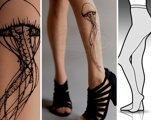 new: S/M sexy Jellyfish tattoo tights / stockings / full length / pantyhose / nylons Deep Mocha