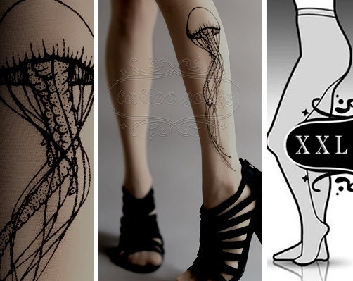 plus size XXL GREY sexy Jellyfish tattoo tights / stockings /  full length  / pantyhose / nylons