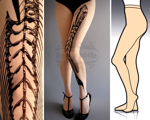 S/M Fish Bone tattoo tights / stockings/ full length / pantyhose / nylons ultra pale