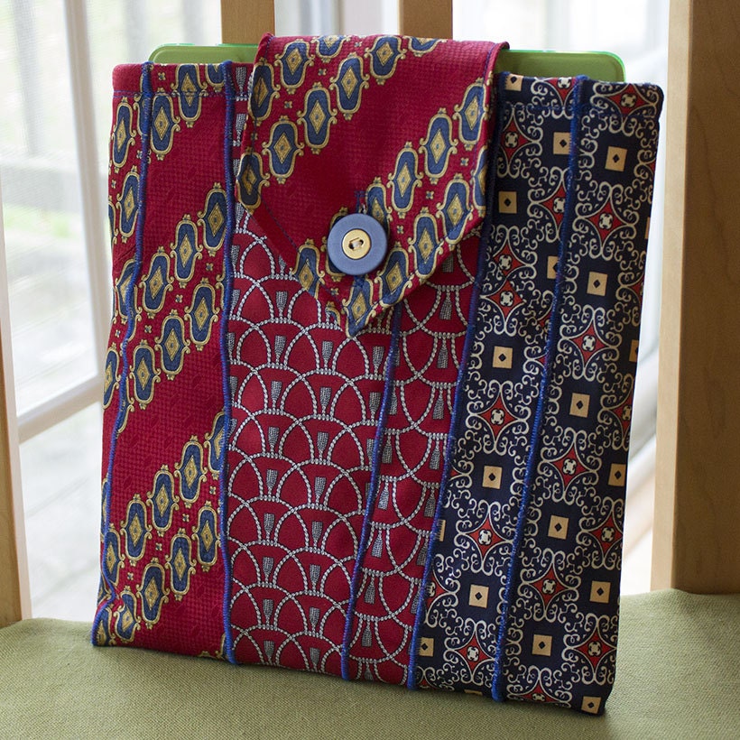 iPad sleeve, repurposed neckties, red, blue, fleece lined. Number 424