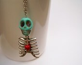 Skull & Rib Cage Necklace, Skeleton Charm Necklace, Hangman, Turquoise Skull and Red Heart with Ribs, Tell-Tale Heart