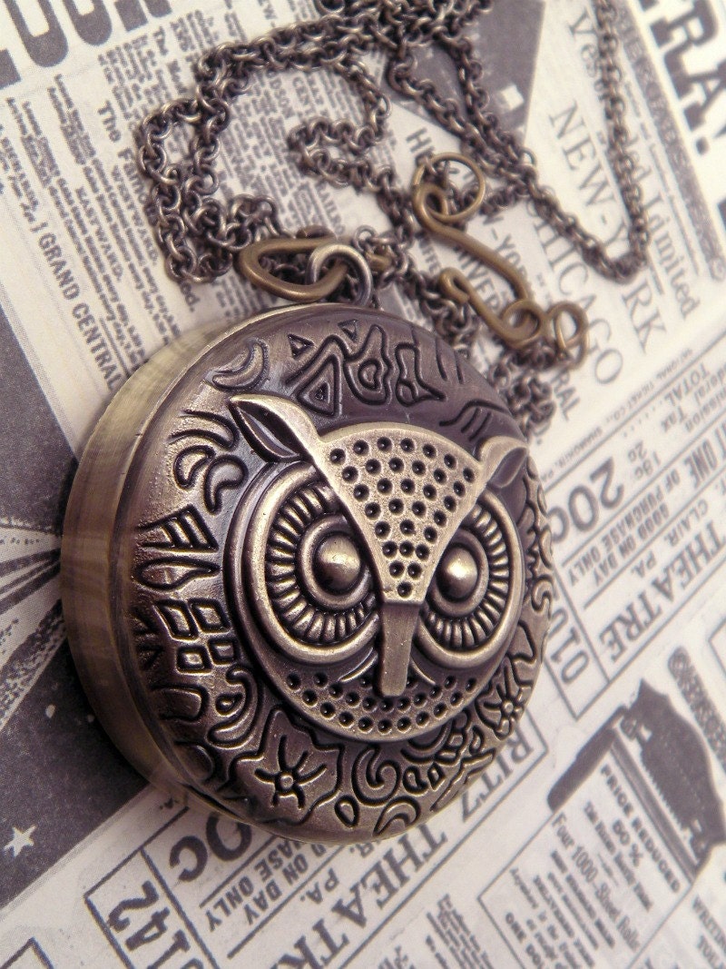 Lil Hooter Bronze Owl Quartz Pocket Watch Necklace Pendant with 30 Inch Bronze Chain