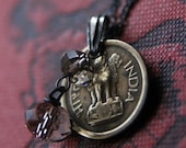 Tiny Coin Necklace with Vintage Coin, Swarovski Crystal and Oxidized Sterling Silver
