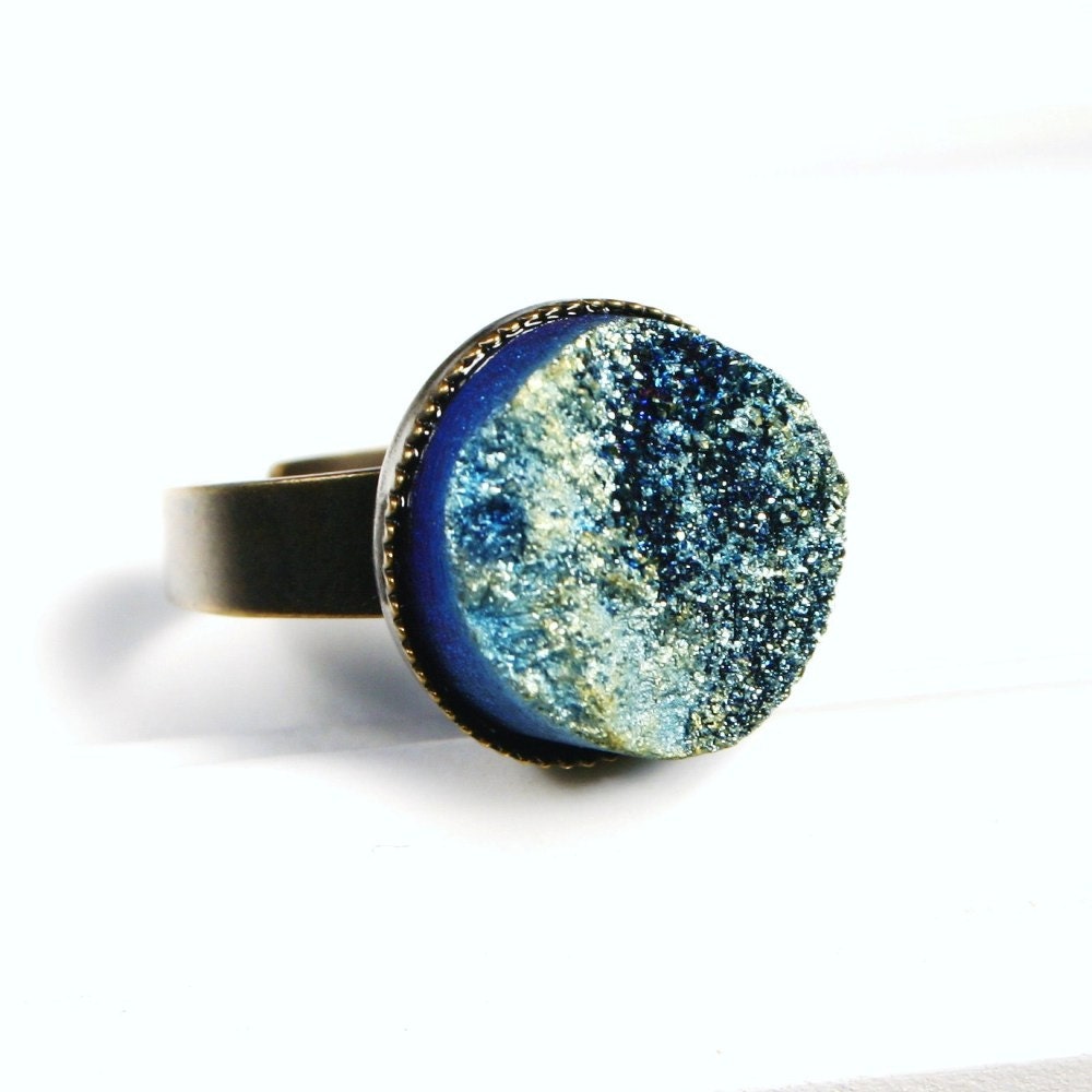 Green Druzy Ring - Medium Metallic Teal Moss Titanium Drusy Quartz on Antiqued Bronze Adjustable Raw Gemstone Cocktail Accessory for Women