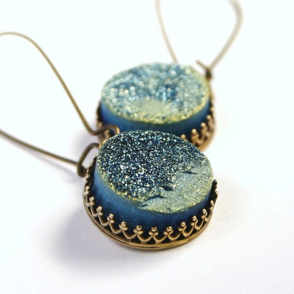 Green Druzy Earrings - Medium Metallic Teal Moss Titanium Drusy Quartz Antiqued Bronze Adjustable Raw Gemstone Cocktail Accessory for Women
