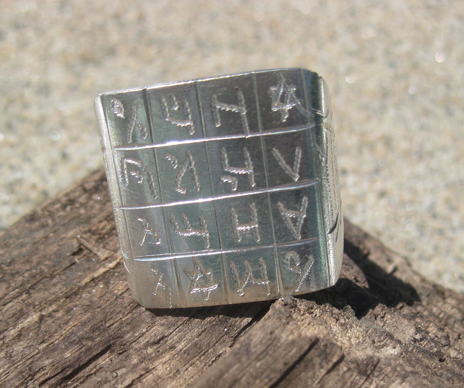 Silver Talisman Ring with Etched Arabic Script and Symbols