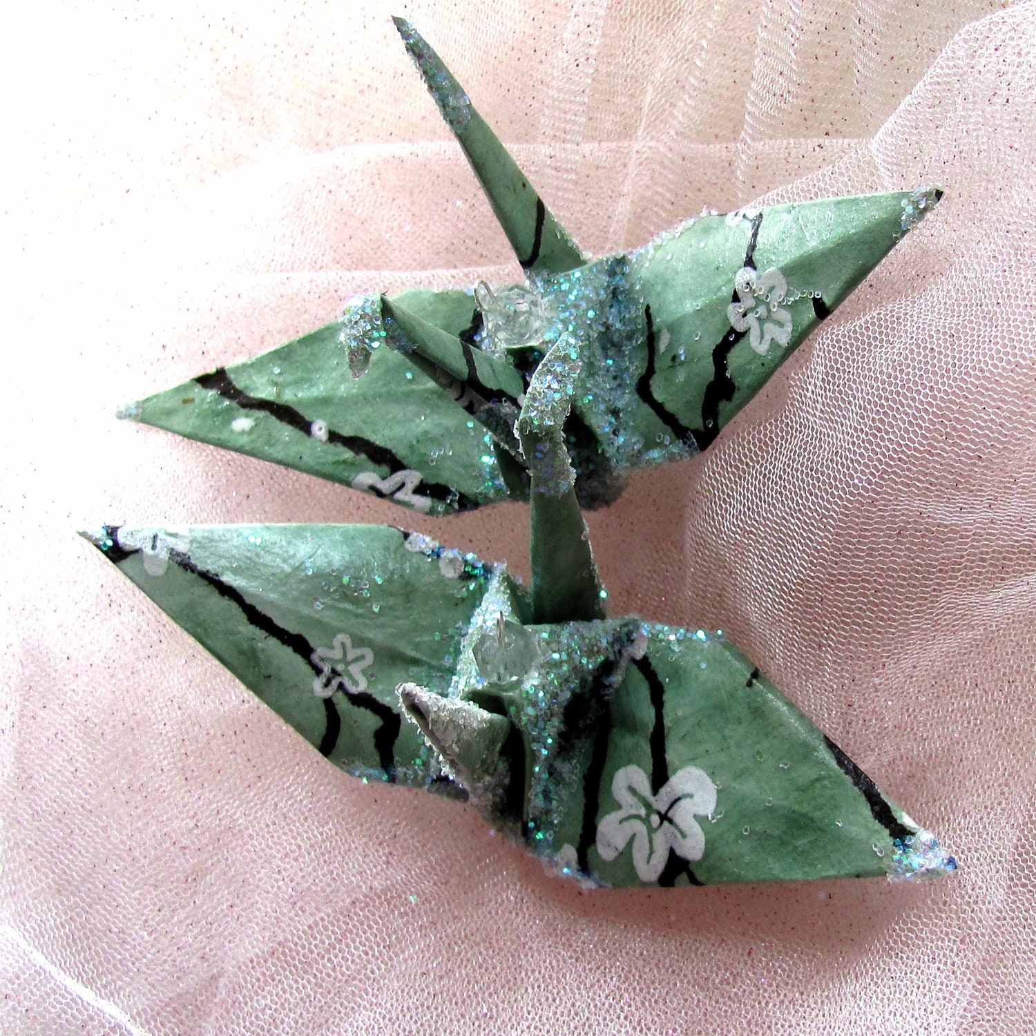 Cherry Blossom Peace Crane Wedding Cake Topper Favor Ornament Origami Japanese Bird Sakura Sage Green Lotka Paper