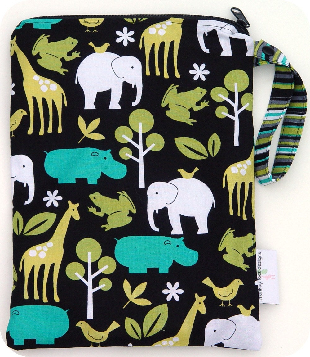 Medium 9 x 12 Wet bag Wetbag Swim / Diapers / Gym / Michael Miller Lagoon Zoology Fabric /  SEALED SEAMS and Snap Strap