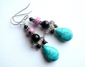 Turquoise Drop Earrings, Blue, Purple Jade, Black Onyx, Sterling Silver Gemstone Teardrop Dangles