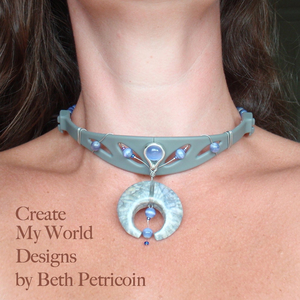 Upcycled Headphones Choker Necklace - Silk dyed polymer clay pendant