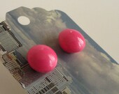 Bright Magenta Pink Candy Button Wood Stud Earrings