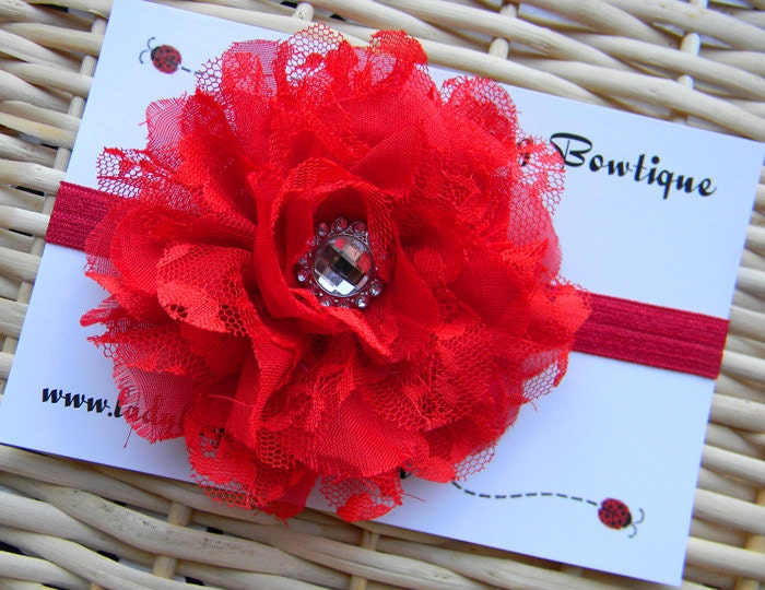 Large 4-Inch Shabby Chiffon and Lace Mesh Flower with Rhinestone Center on a Soft and Stretchy Elastic Headband - Custom Size - Red