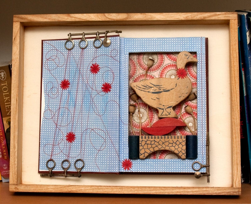 Assemblage Collage Altered Book with Wooden Goose