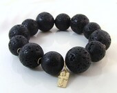 Bold Black and Gold Round Lava Stone Stretch Bracelet - Art Deco - Christian Bracelet - Light in the Darkness