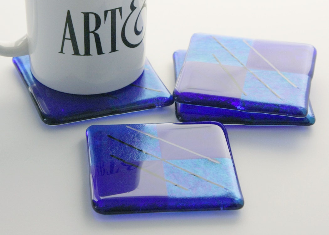 Fused Glass Coasters in Blue Art & Iridized Glass