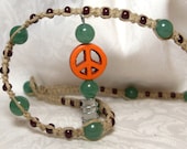 jade and crystal natural fiber hemp peace sign necklace