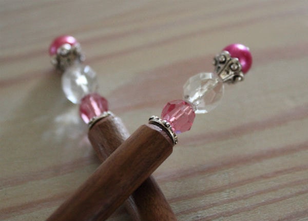 Fuschia Pink Beaded Wood Hair Stick