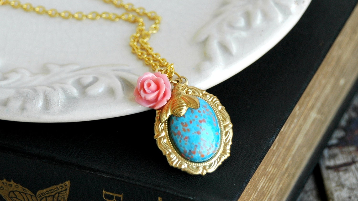Bohemian Bee Necklace . Turqoise and Coral . glass pendant Gold Chain Necklace