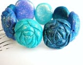 Glittery Blue Rose Stretch Bracelet Cuff Chunky Flowers