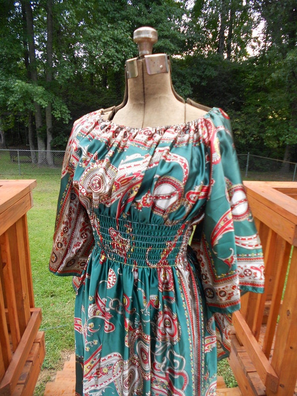 Vintage Caftan Boho Maxi Dress Small Medium Green Tall