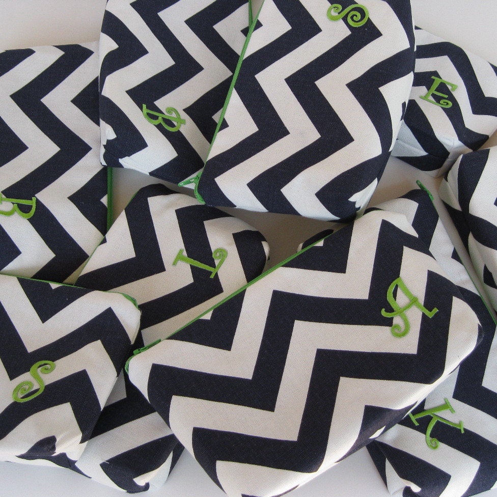 Custom (Set of 9) Fabric Zippered Pouch Clutch Bag - Navy Blue/ White Chevron - Personalized Initial