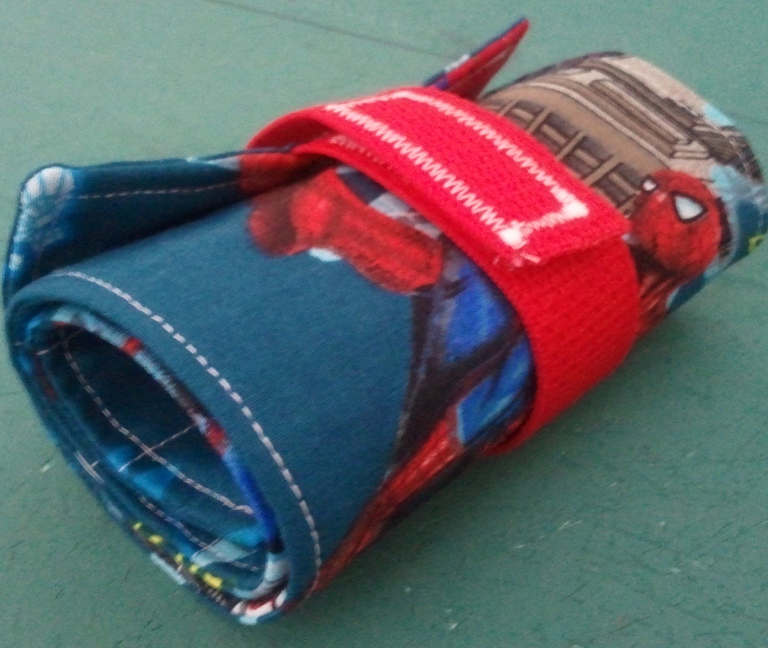 Crayon Roll Up Organizer Holds 16 Crayons, Easy for Little Hands - Hook & Loop Closure, Blue / Spiderman