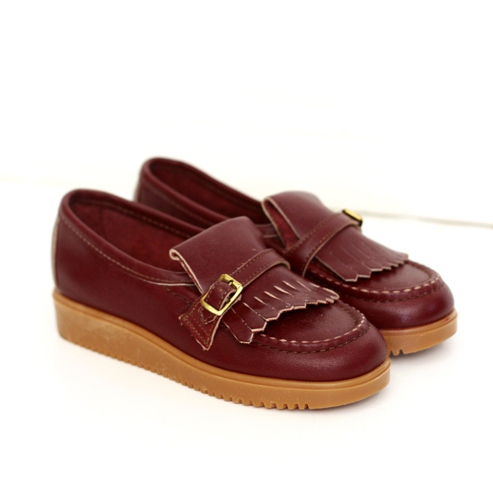 70's sz 12/1 Youth Leather Wedged Loafers SHOES