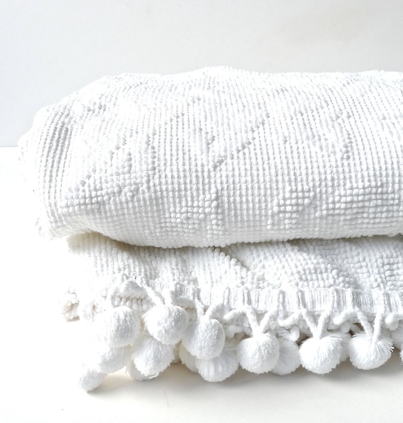 White Rose Petit Point Pom Pom Vintage Chenille Bedspread