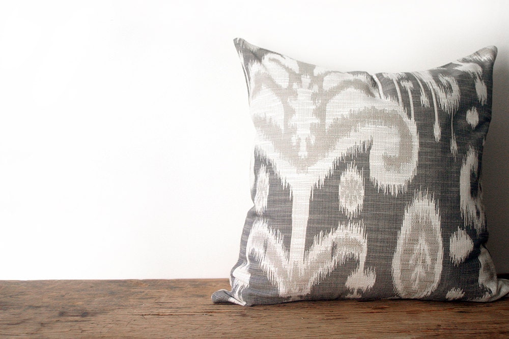grey ikat down pillow, tribal inspired, ethnic print - eclu