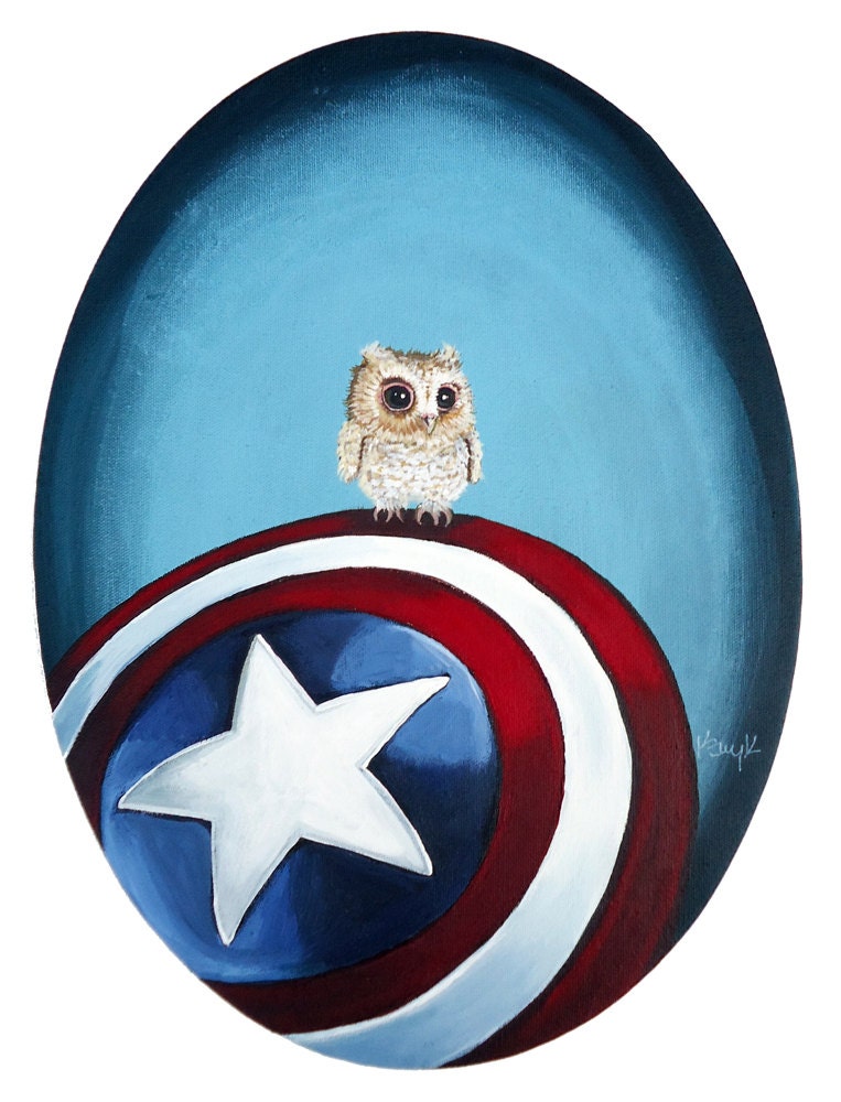 Digital Print 11x17 - Baby Owl on Captain America's Shield