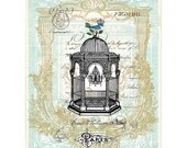 Art Print Birdcage with Chandelier Blue Bird.  Aqua Turquoise Blue. Vintage Style.  Paris 8 x 10 inches.  The Decroated House at  Etsy