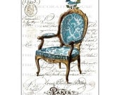 French Chair Art Print. Blue. French Script. Paris. Vintage Style Art Print 11 x 14 inches. Handmade by  The Decorated House