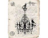 CHANDELIER Crown Birds Vintage Style Art Print with Antique French Letter Background . 8 x 10  inches. The Decorated House on Etsy