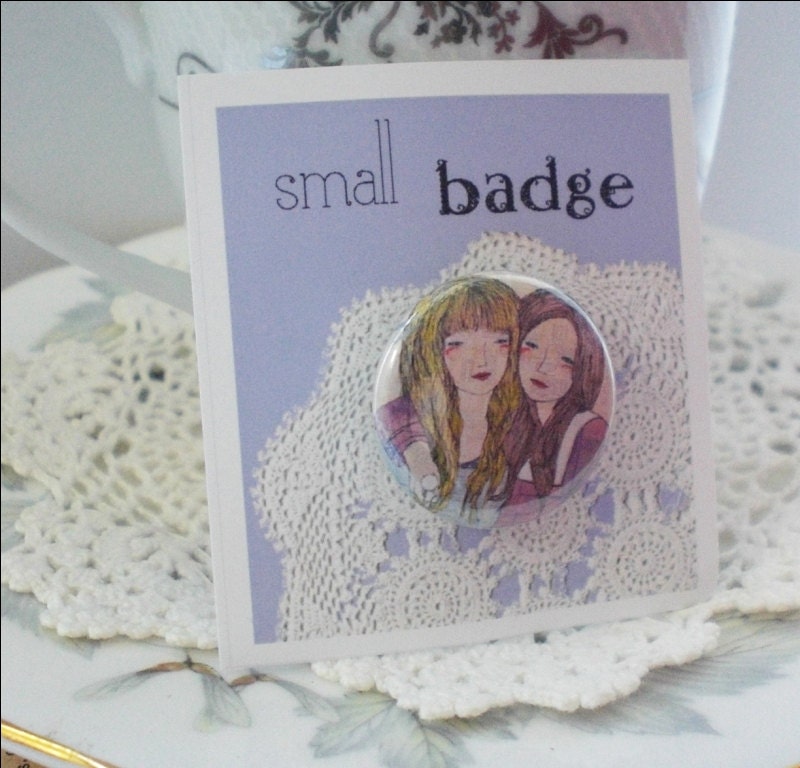 SALE twin sister best friends french female portrait pinback badge