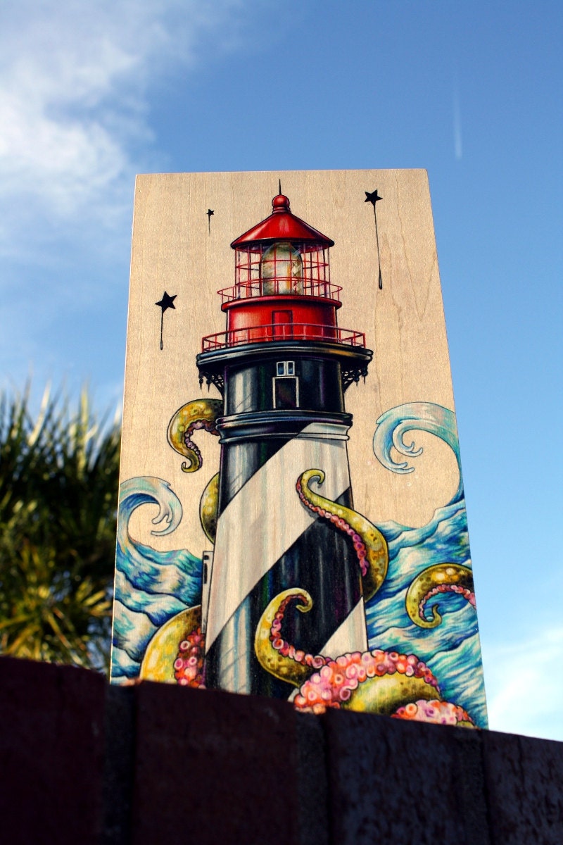 A Tangled Attraction original lighthouse illustration on wood by Bryan Collins