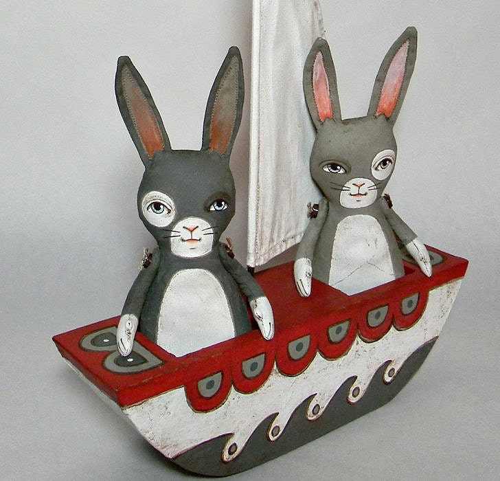 Bunny Rabbits in a Boat-- Original Contemporary Folk Art Doll Set-- Made to order within a week