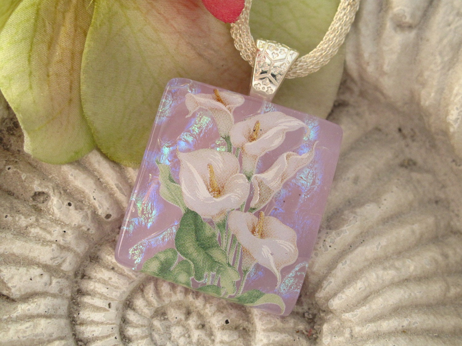 Lavender Calla Lily  - Dichroic Fused Glass Jewelry - Dichrpoc Pendant Necklace -  Fused Dichroic Glass Pendant 112212p104
