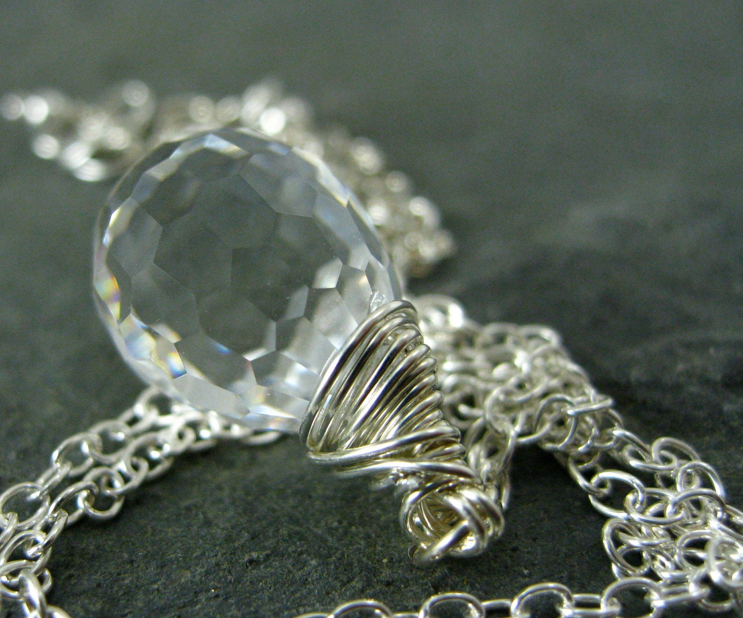 Crystal Quartz Faceted Teardrop Necklace Gemstone Drop with Sterling Silver Wire Wrap April Birthstone