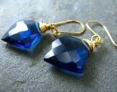 Faceted Kyanite Quartz Diamond Shaped Pierced Earrings With Gold Fill Wire Wrap Gemstone Blue Navy Lapis