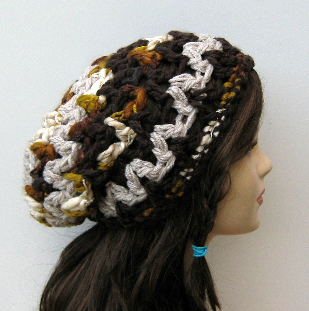 Thick slouchy beanie BoHo Hippie Hat bohemian brown linen beige