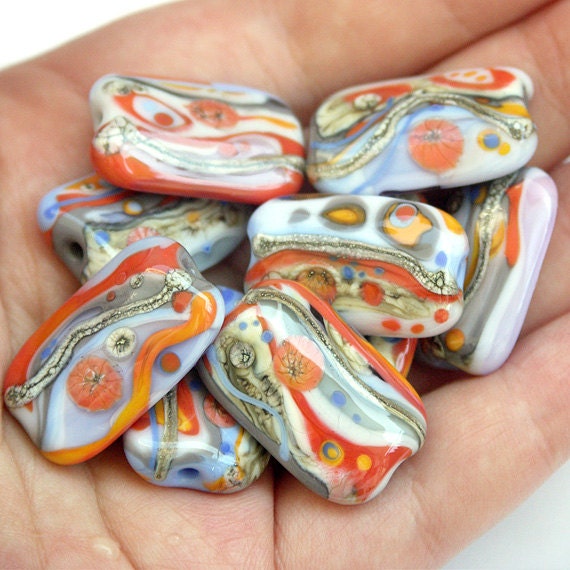 Summer Shadows - Handmade Lampwork Glass Bead Set in Periwinkle, Lavender, Grey, Orange and Coral (9)