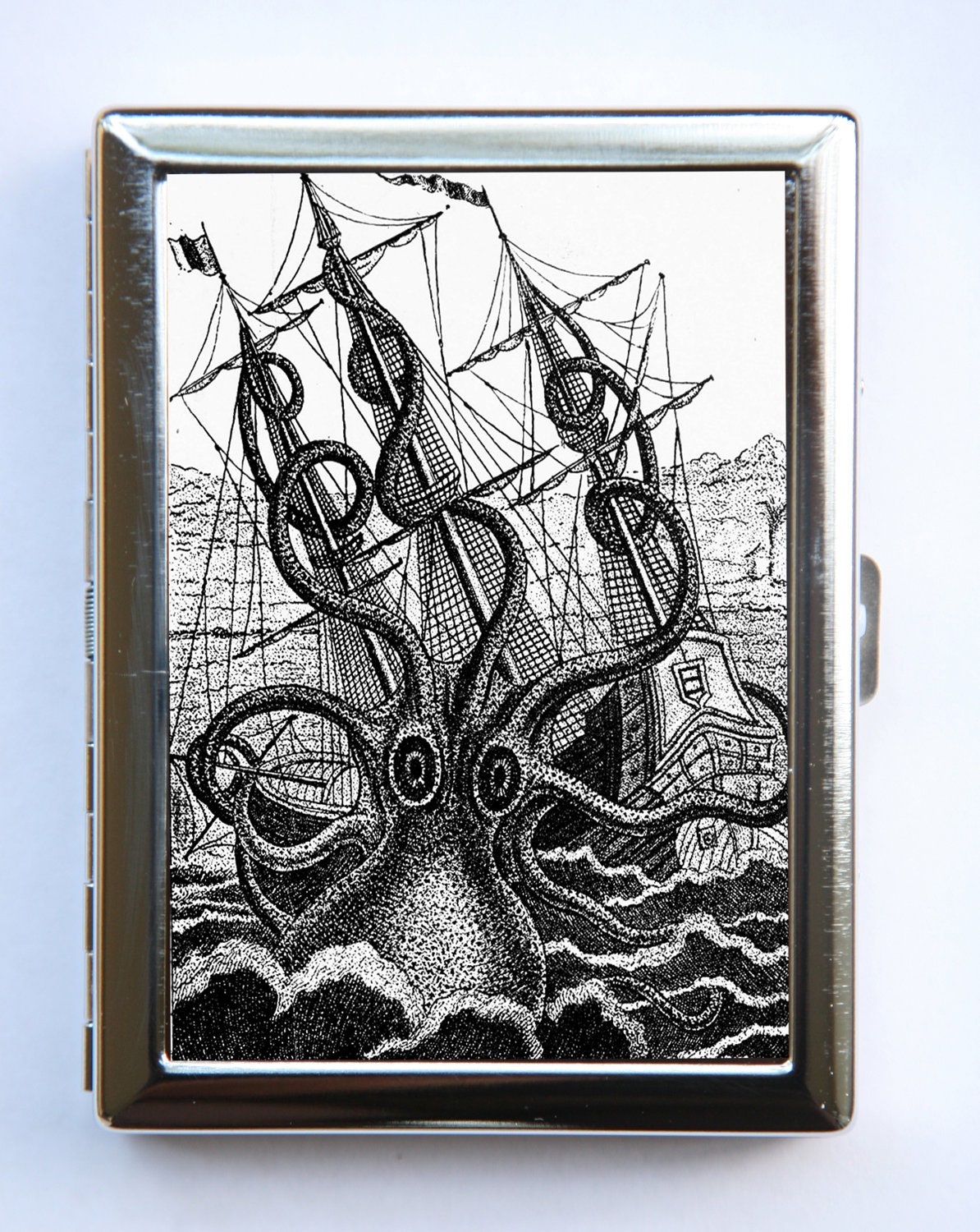 Octopus attacking Ship Cigarette Case Wallet Business Card Holder STEAMPUNK gothic nautical