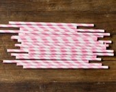 50 striped paper straws (bubblegum pink and white) with FREE striped pennant straw toppers