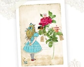 Alice in Wonderland, Greeting Card, Tea Party, Original Illustration, Red Rose, Birthday Card