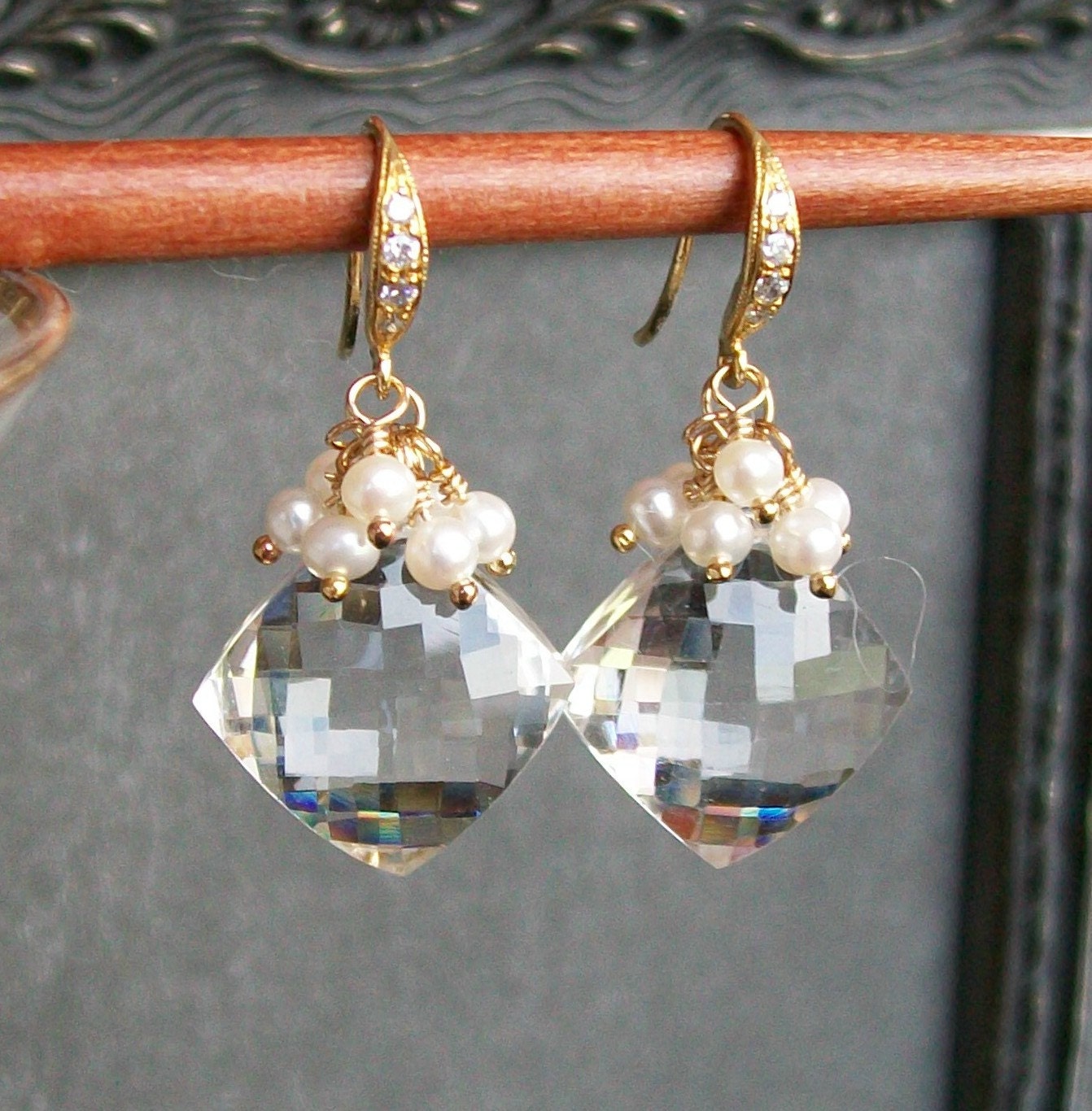 Crystal Quartz Pearl Clusters 14kt Gold Fill Earrings