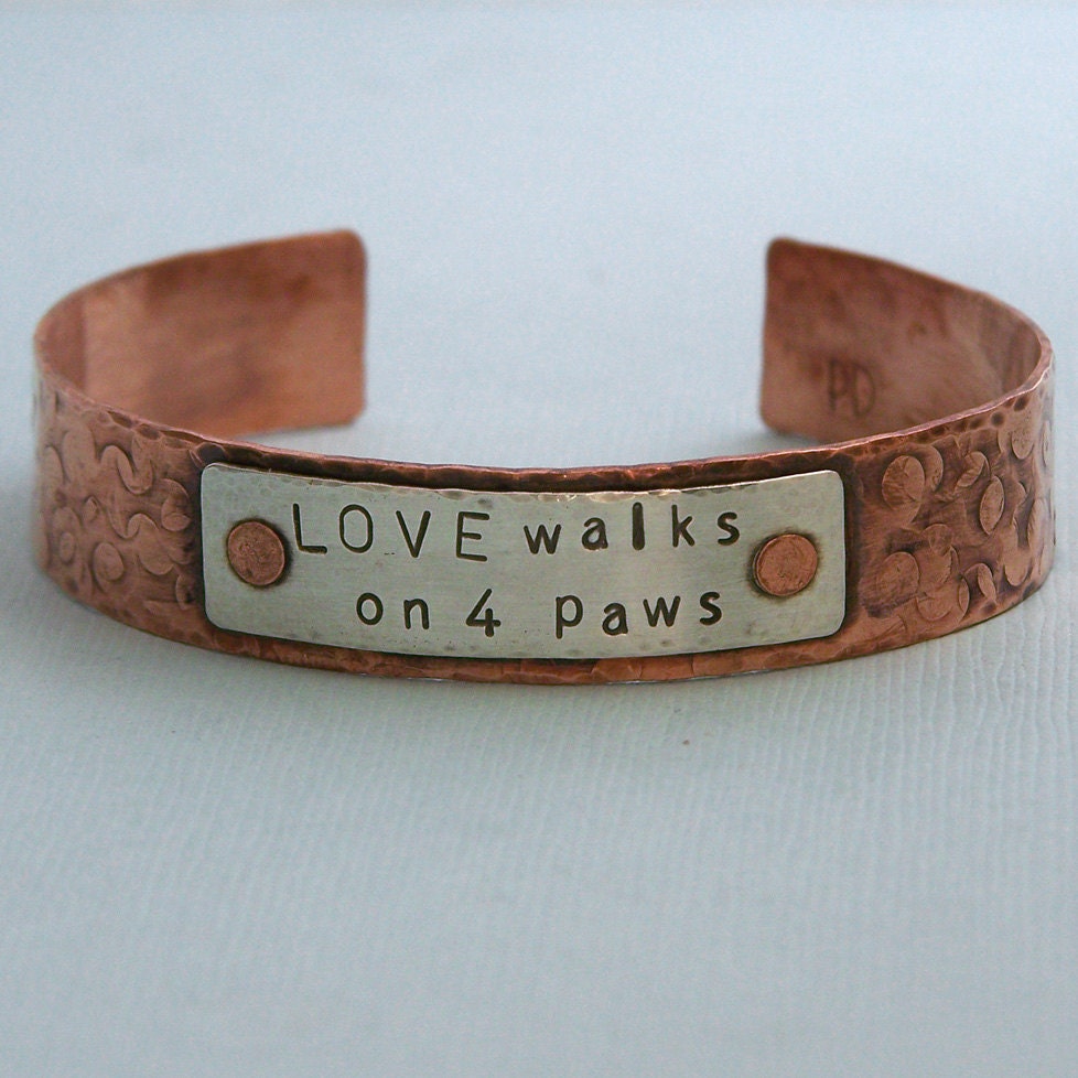 Copper and Sterling Silver Cuff Bracelet - Love walks on 4 paws
