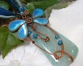 Copper Wirewrapped Dragonfly Pendant in Ocean Hues