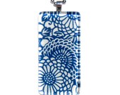 denim blue and white necklace pendant - glass and Japanese chiyogami - large flower gyroscopes