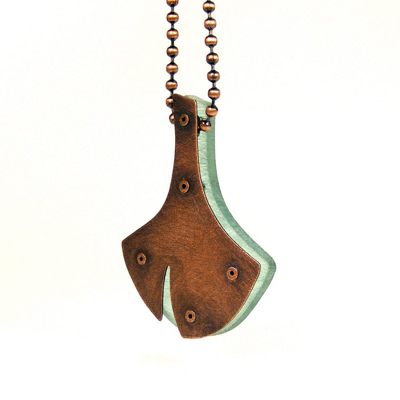Oxidized Copper and Aqua Resin Riveted Pendant Necklace - Gingko