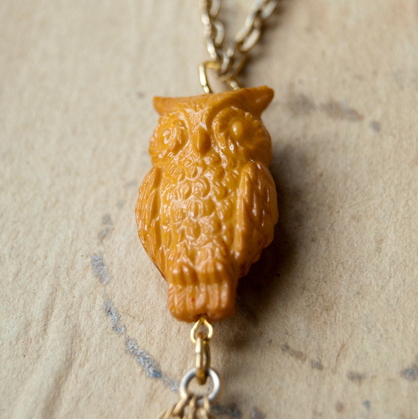 SALE The Butterscotch Owl and Woodland Acorn Necklace